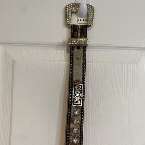 Ranger Belt Western Cowhide Leather Rhinestones One Stone Missing Western Cowgir - Picture 1 of 11